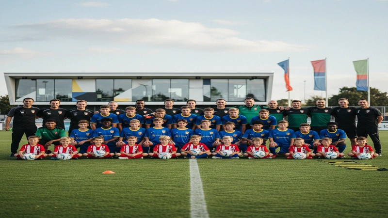 Multiple age group football teams posing together at club facility