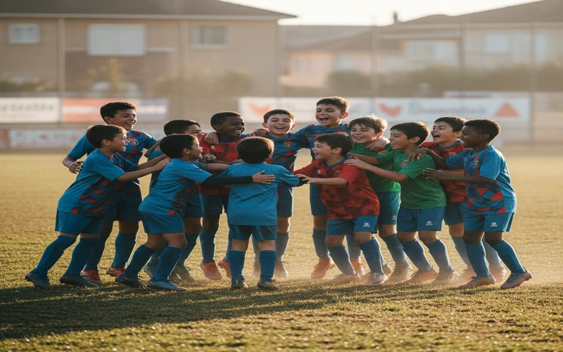 Diverse group of young players from community football program celebrating together