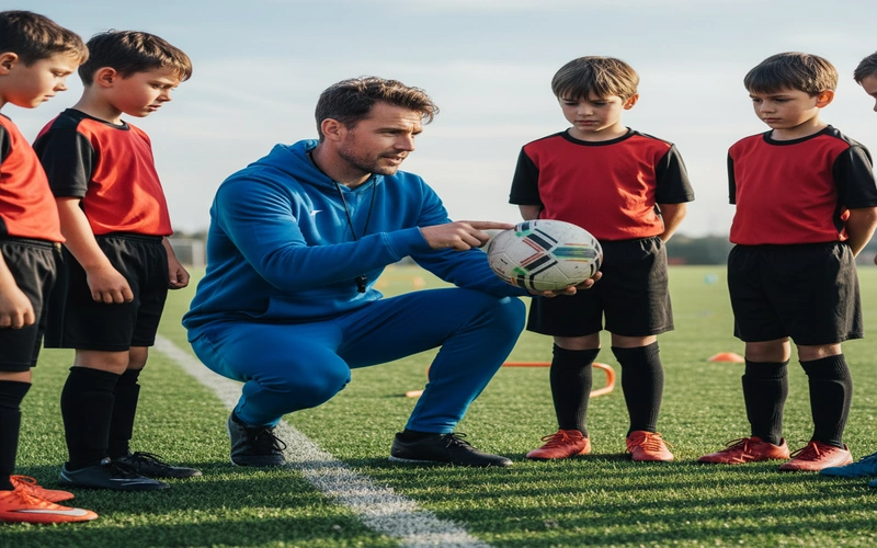 Youth football coach demonstrating technique to group of young players during training session